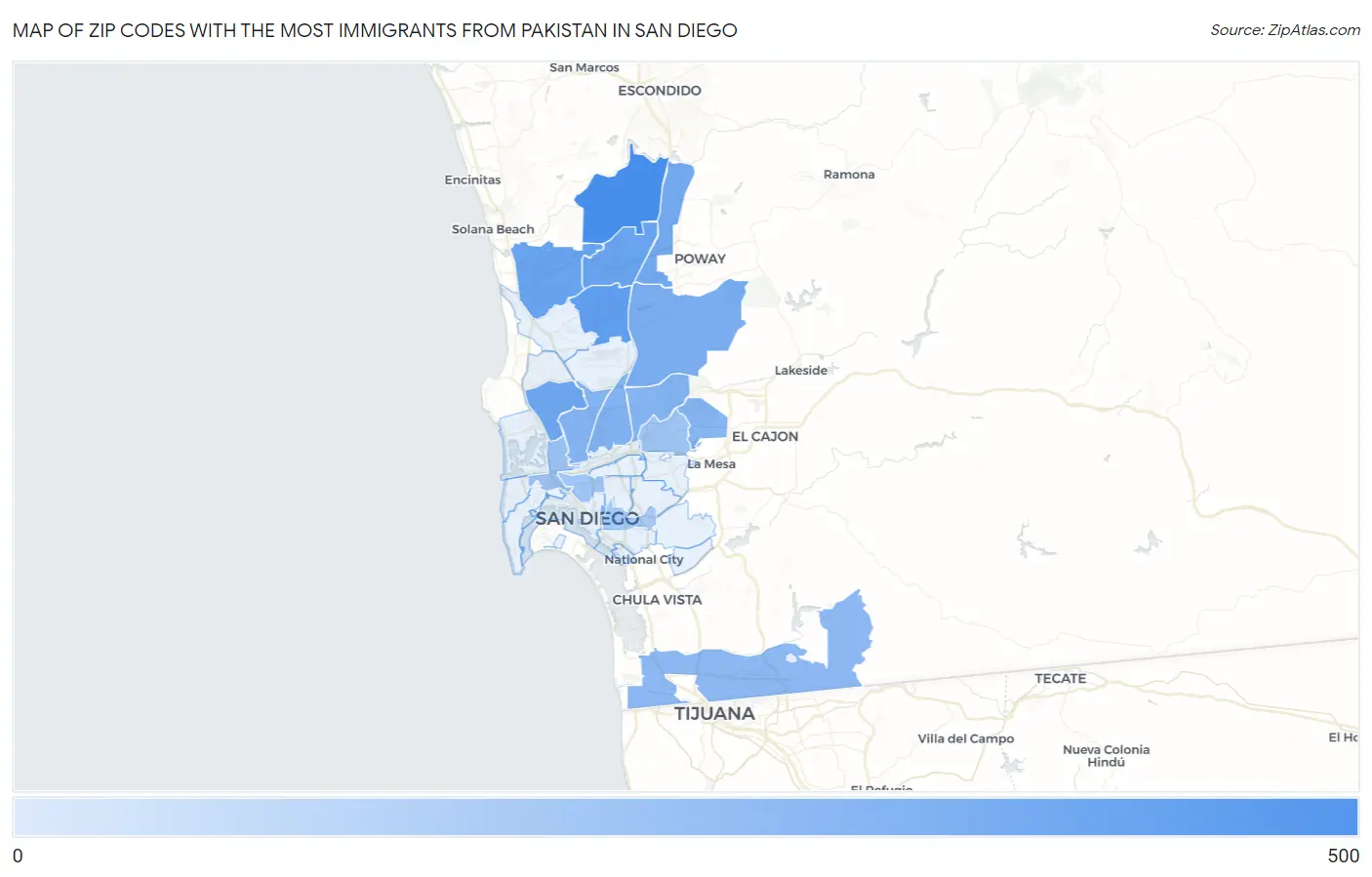 Zip Codes with the Most Immigrants from Pakistan in San Diego Map