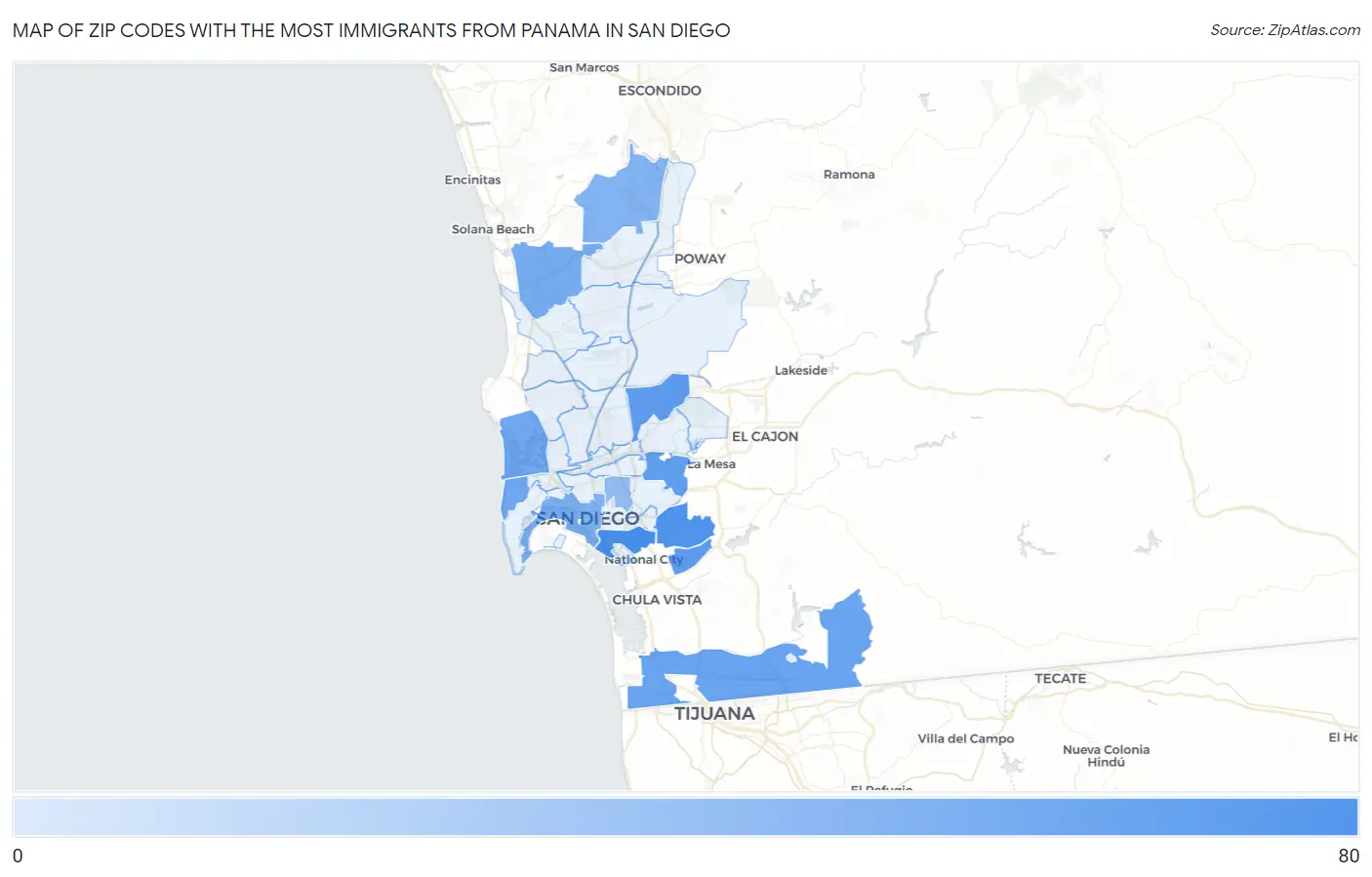 Zip Codes with the Most Immigrants from Panama in San Diego Map