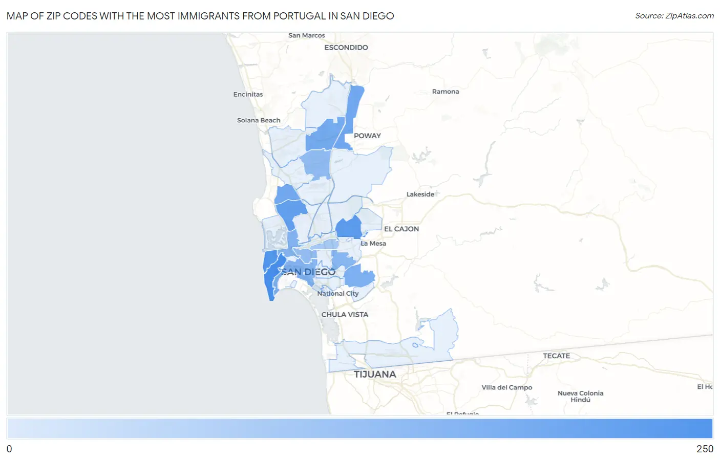 Zip Codes with the Most Immigrants from Portugal in San Diego Map