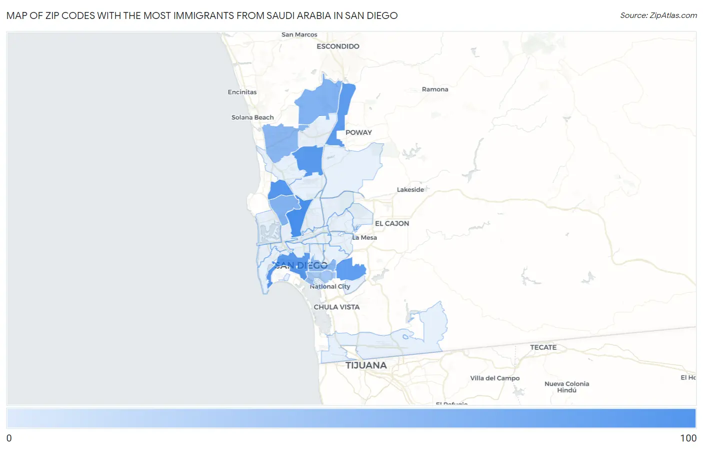 Zip Codes with the Most Immigrants from Saudi Arabia in San Diego Map