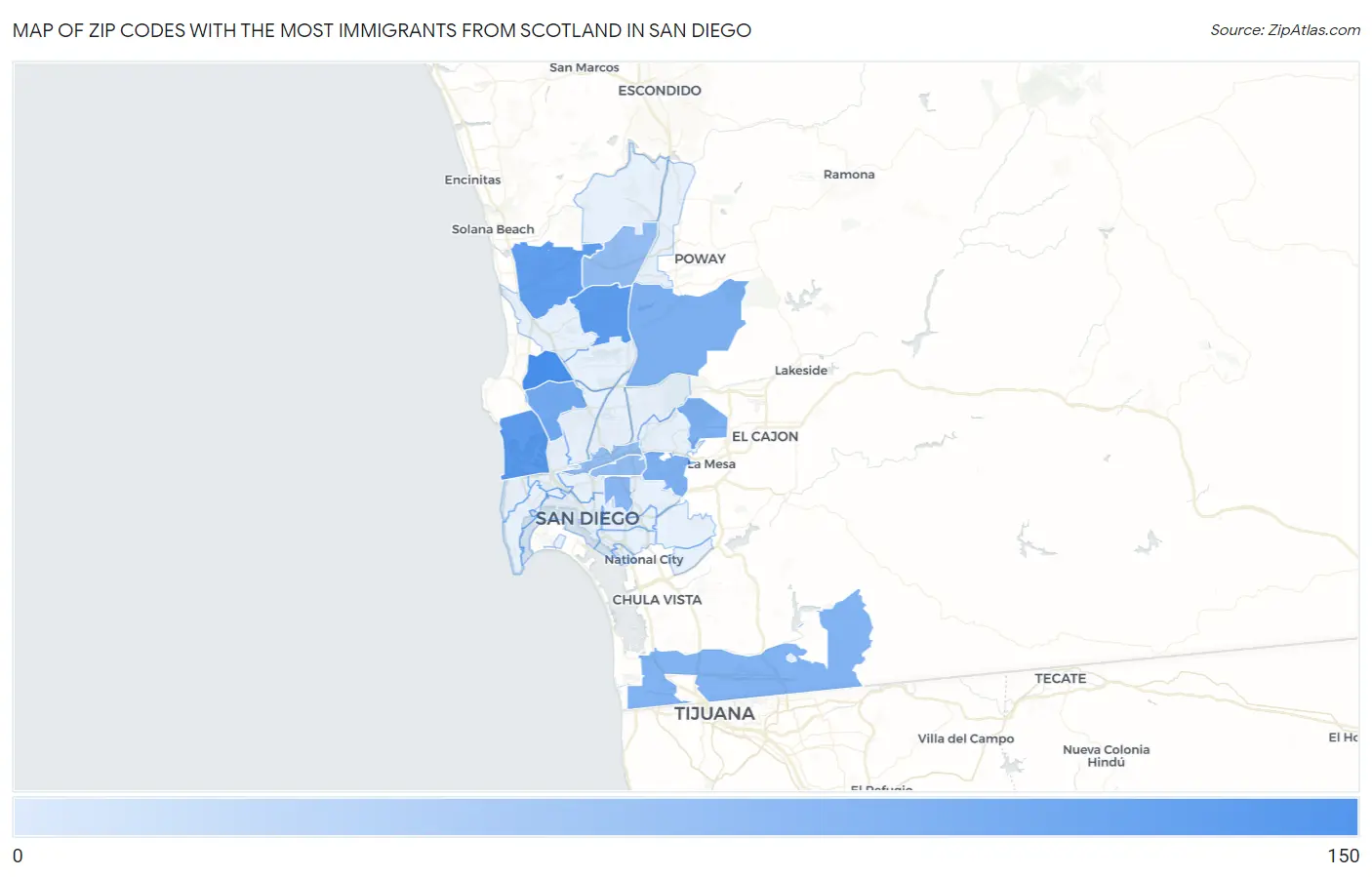 Zip Codes with the Most Immigrants from Scotland in San Diego Map