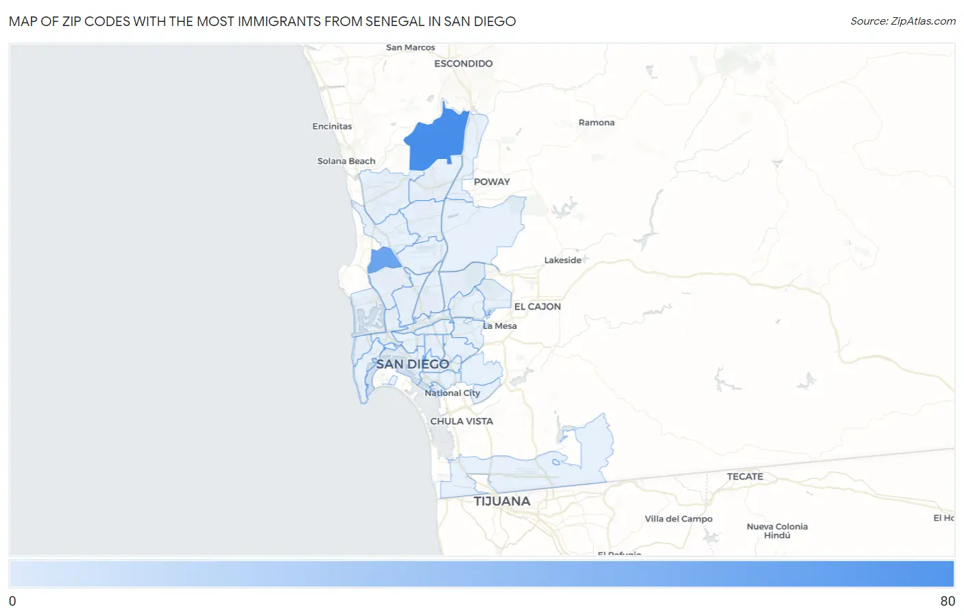 Zip Codes with the Most Immigrants from Senegal in San Diego Map