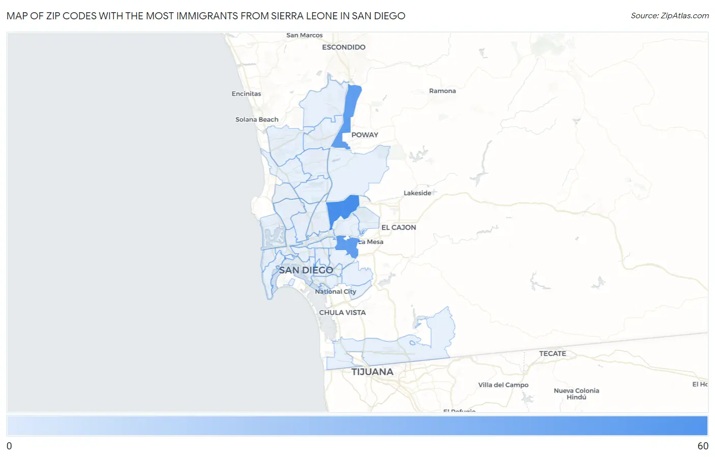 Zip Codes with the Most Immigrants from Sierra Leone in San Diego Map