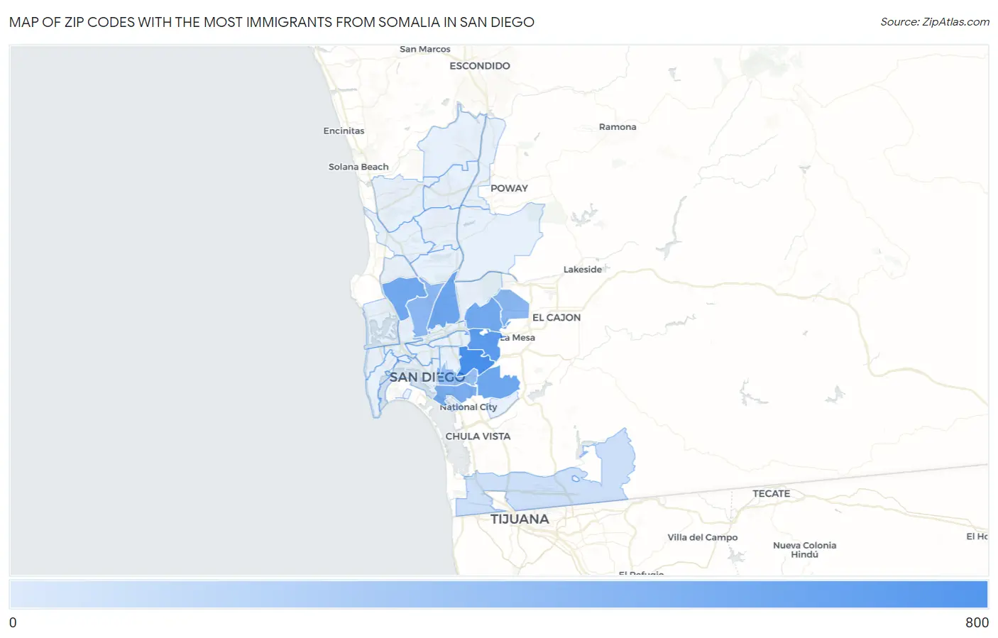 Zip Codes with the Most Immigrants from Somalia in San Diego Map