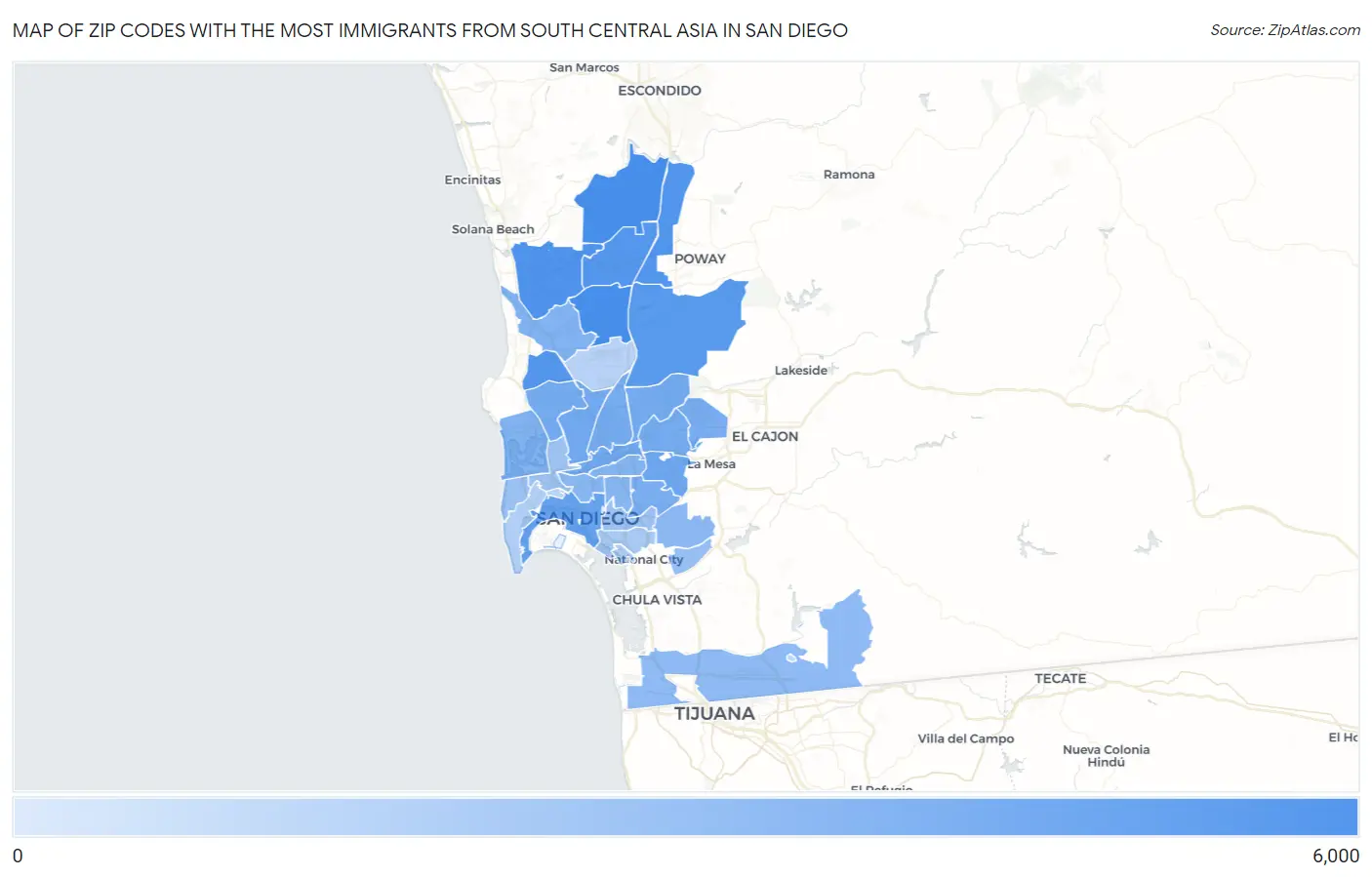 Zip Codes with the Most Immigrants from South Central Asia in San Diego Map