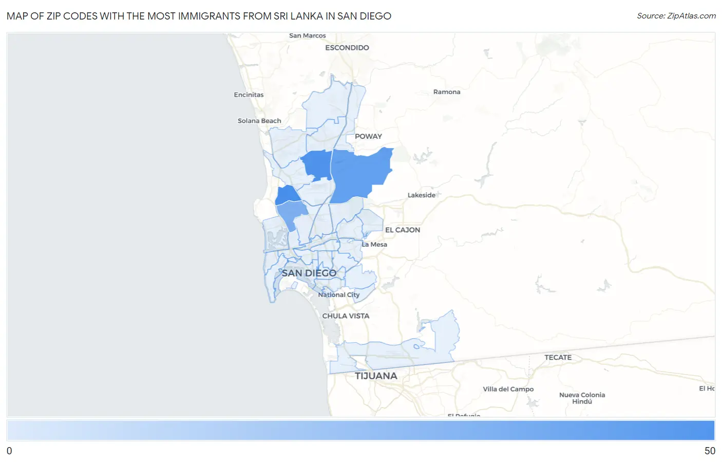 Zip Codes with the Most Immigrants from Sri Lanka in San Diego Map