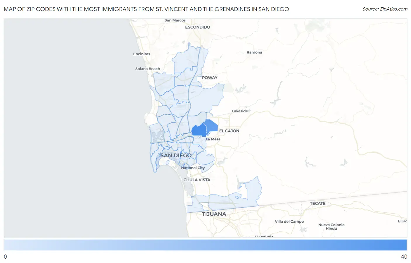Zip Codes with the Most Immigrants from St. Vincent and the Grenadines in San Diego Map