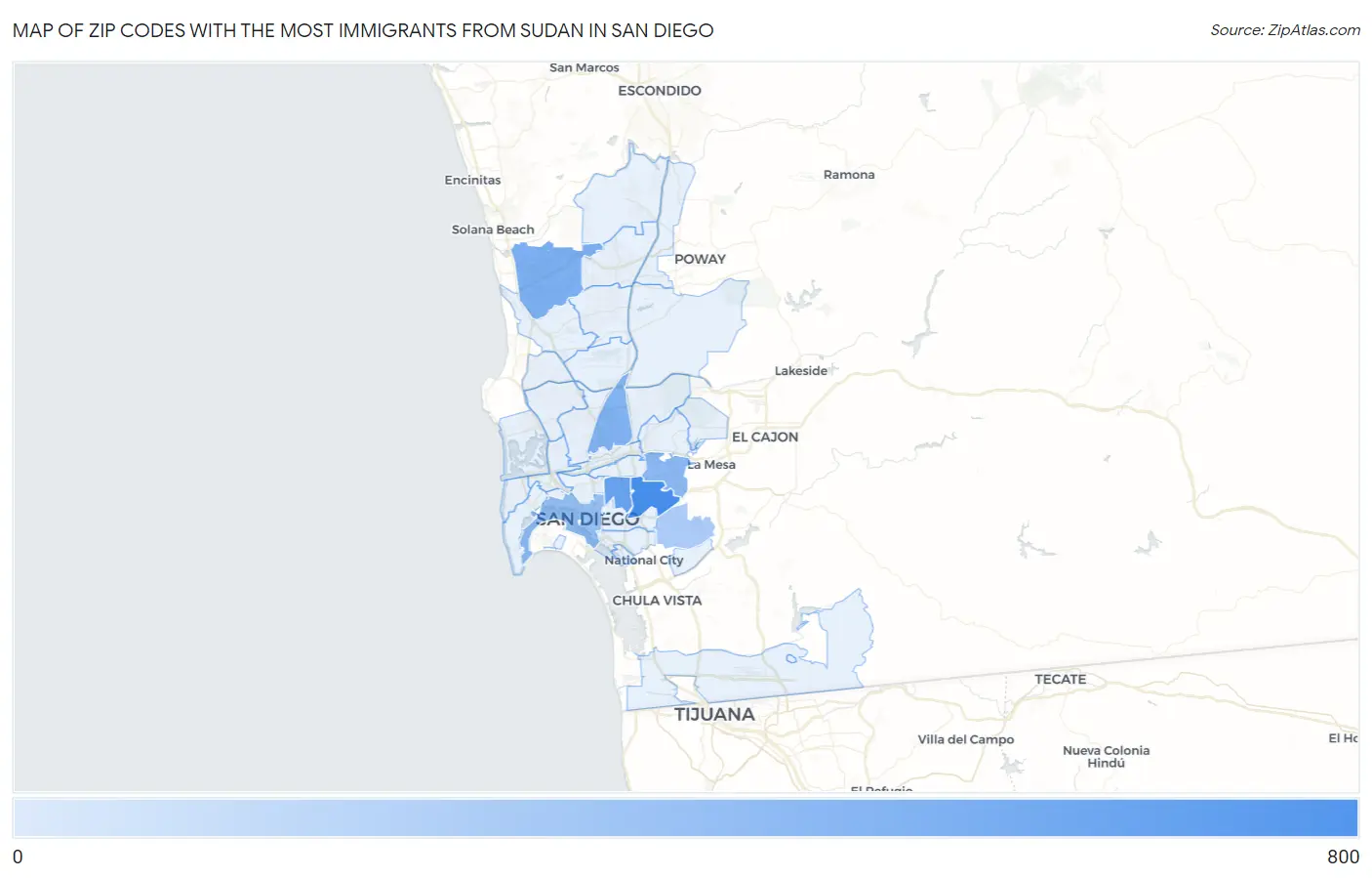 Zip Codes with the Most Immigrants from Sudan in San Diego Map