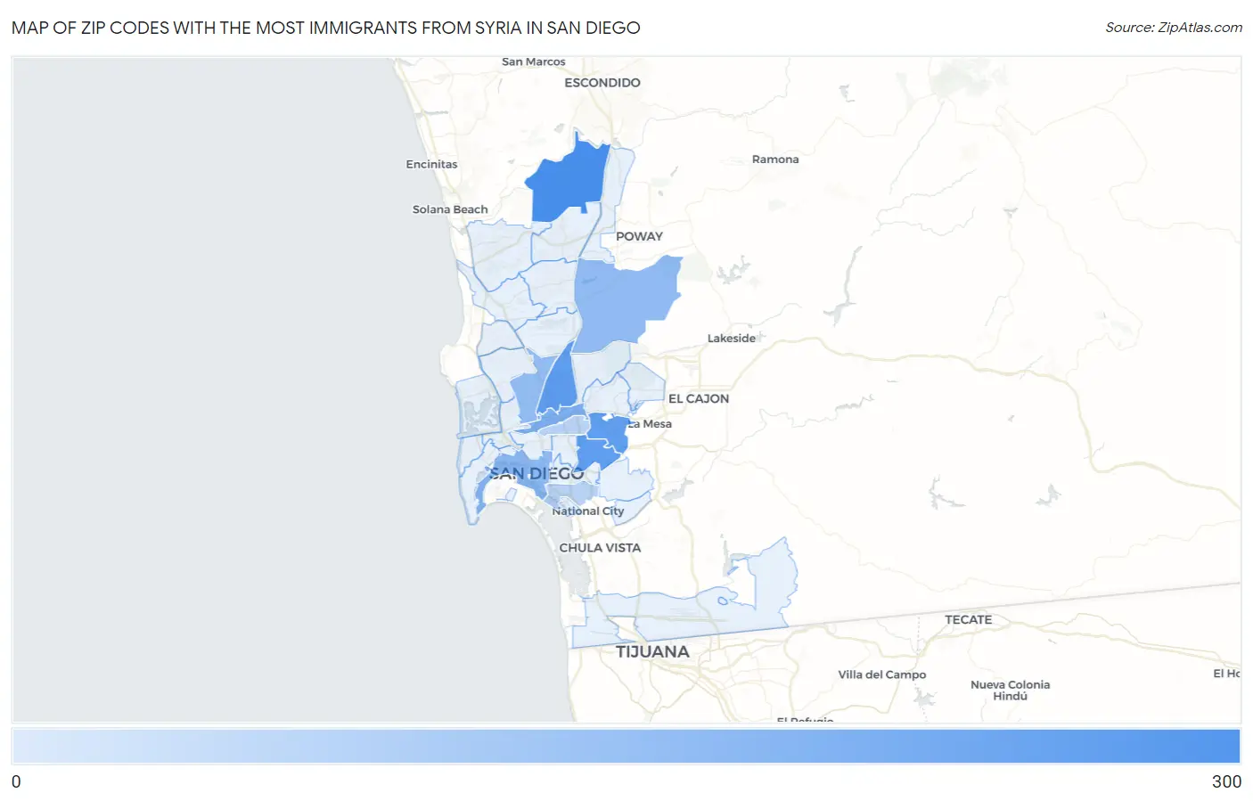 Zip Codes with the Most Immigrants from Syria in San Diego Map