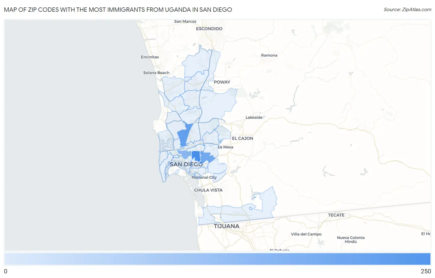 Zip Codes with the Most Immigrants from Uganda in San Diego Map