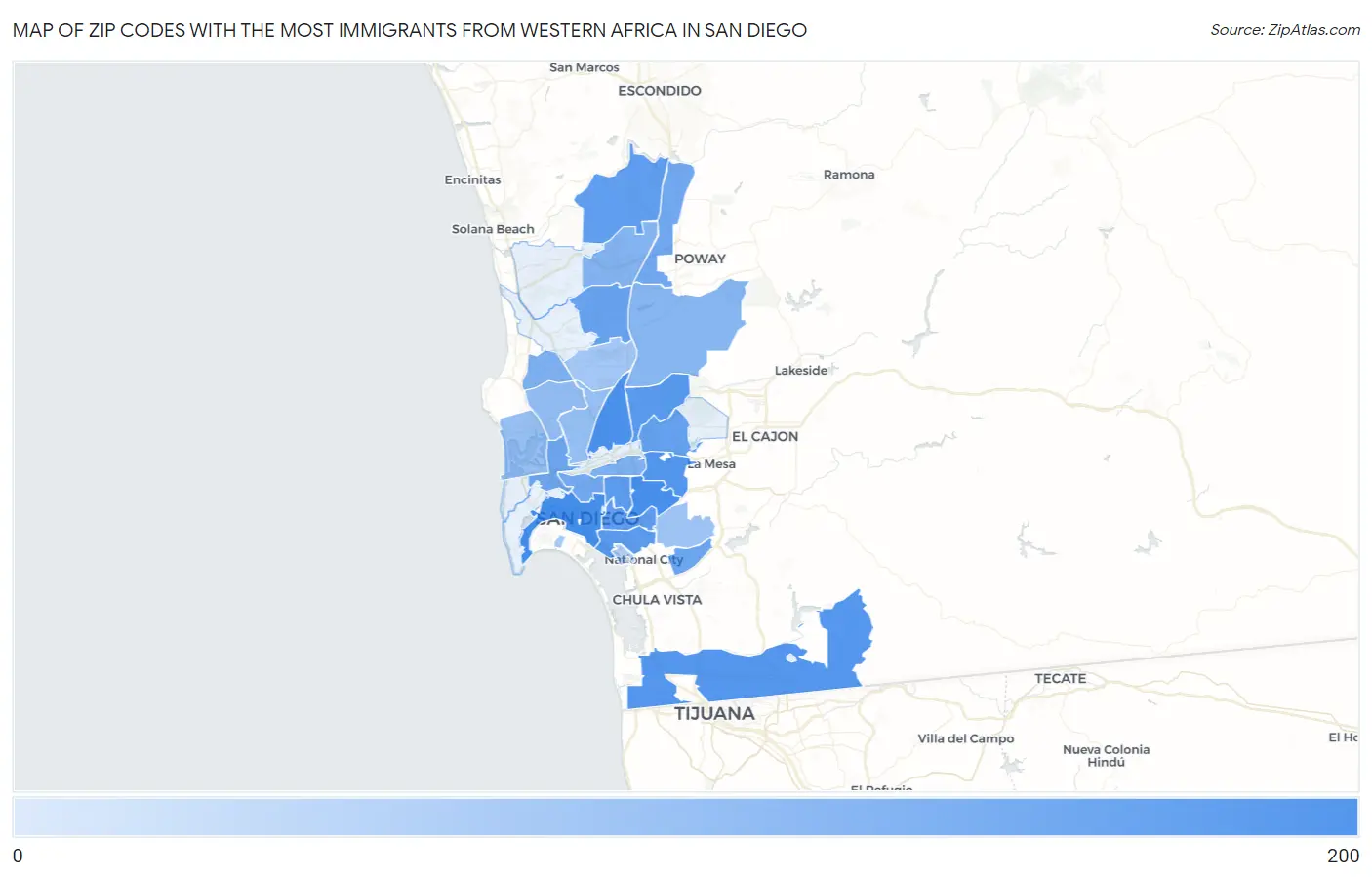 Zip Codes with the Most Immigrants from Western Africa in San Diego Map