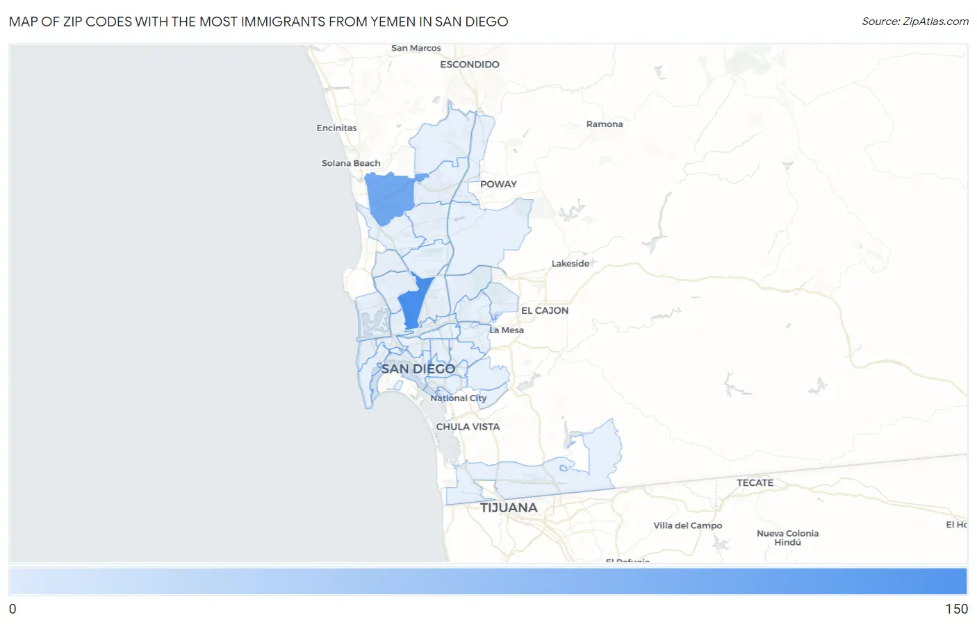 Zip Codes with the Most Immigrants from Yemen in San Diego Map