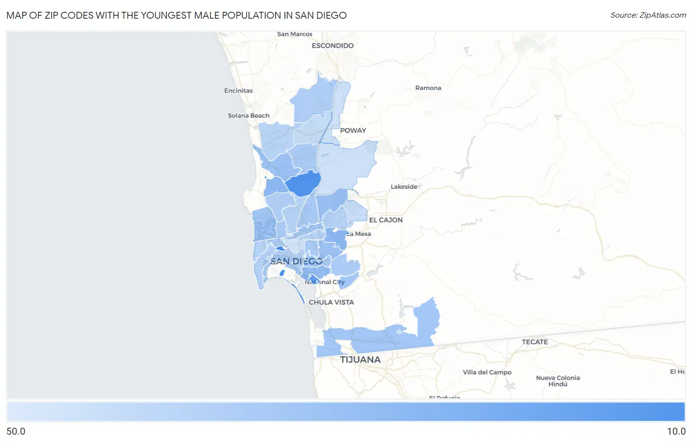 Zip Codes with the Youngest Male Population in San Diego Map