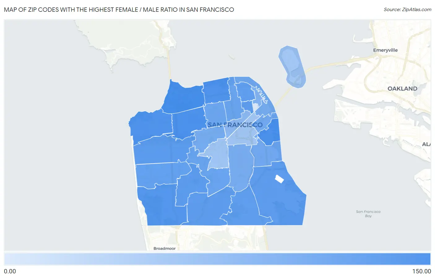 Zip Codes with the Highest Female / Male Ratio in San Francisco Map