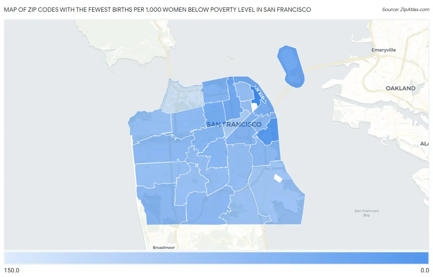 Zip Codes with the Fewest Births per 1,000 Women Below Poverty Level in San Francisco Map