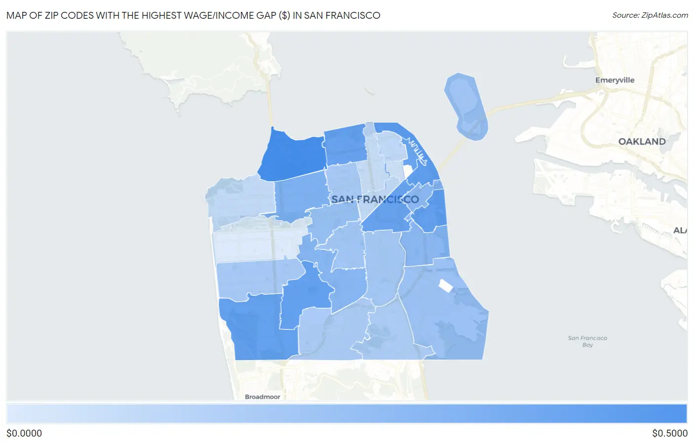 Zip Codes with the Highest Wage/Income Gap ($) in San Francisco Map