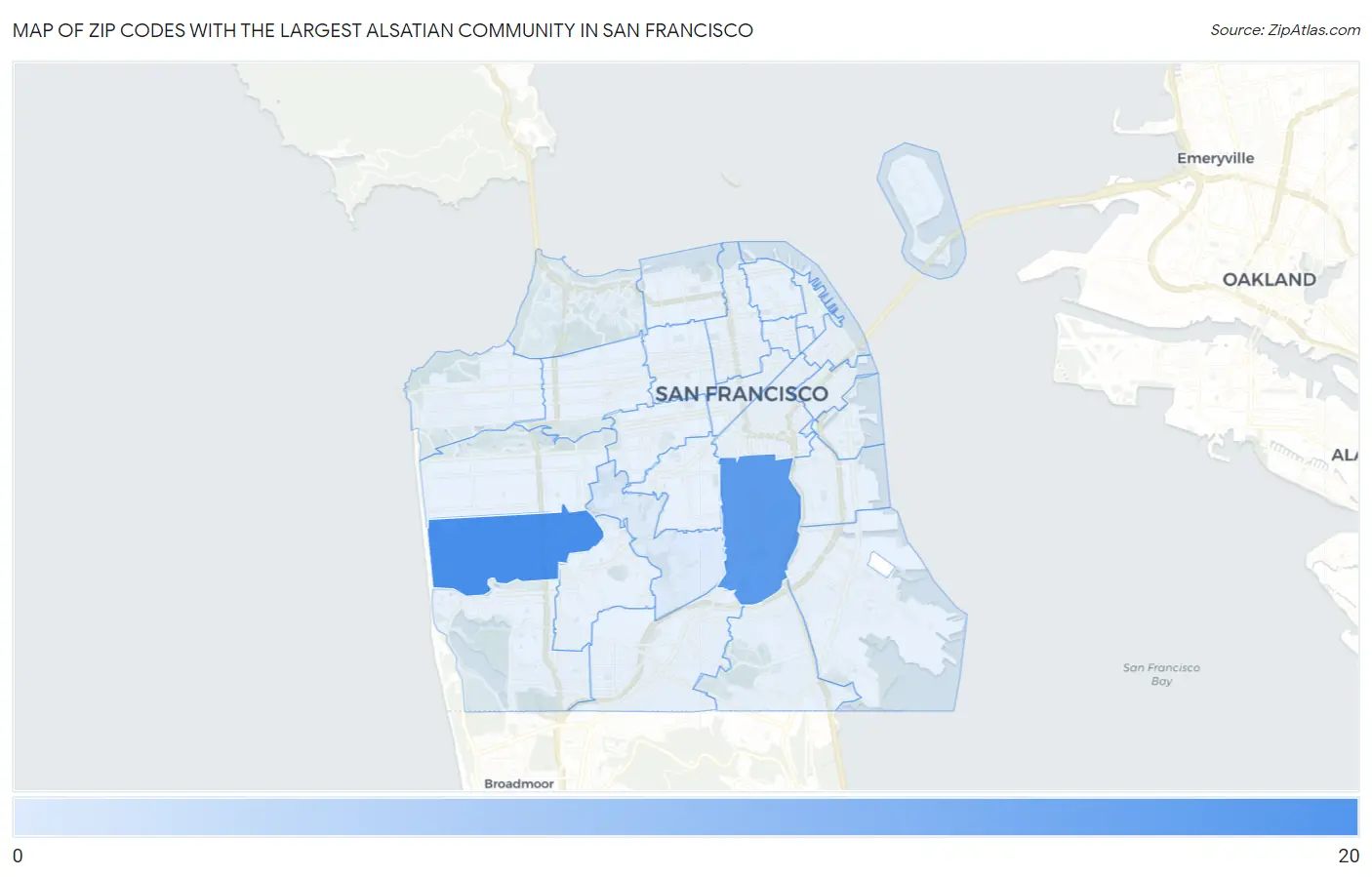 Zip Codes with the Largest Alsatian Community in San Francisco Map