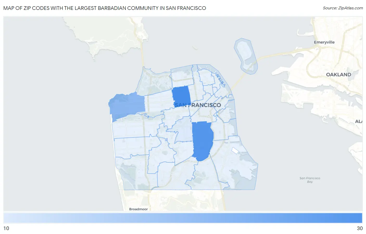 Zip Codes with the Largest Barbadian Community in San Francisco Map