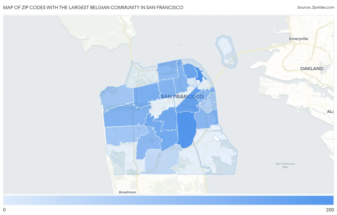 Zip Codes with the Largest Belgian Community in San Francisco Map