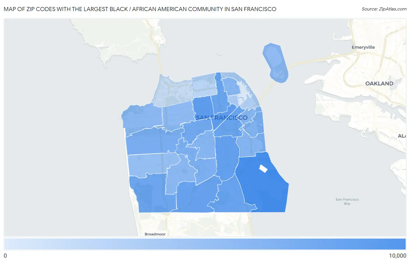 Zip Codes with the Largest Black / African American Community in San Francisco Map