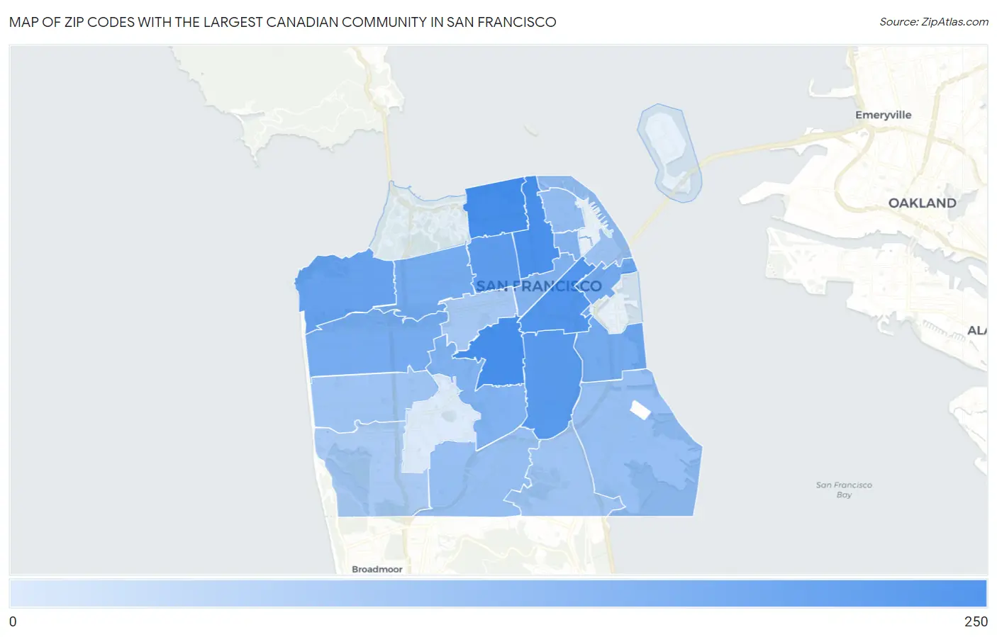 Zip Codes with the Largest Canadian Community in San Francisco Map