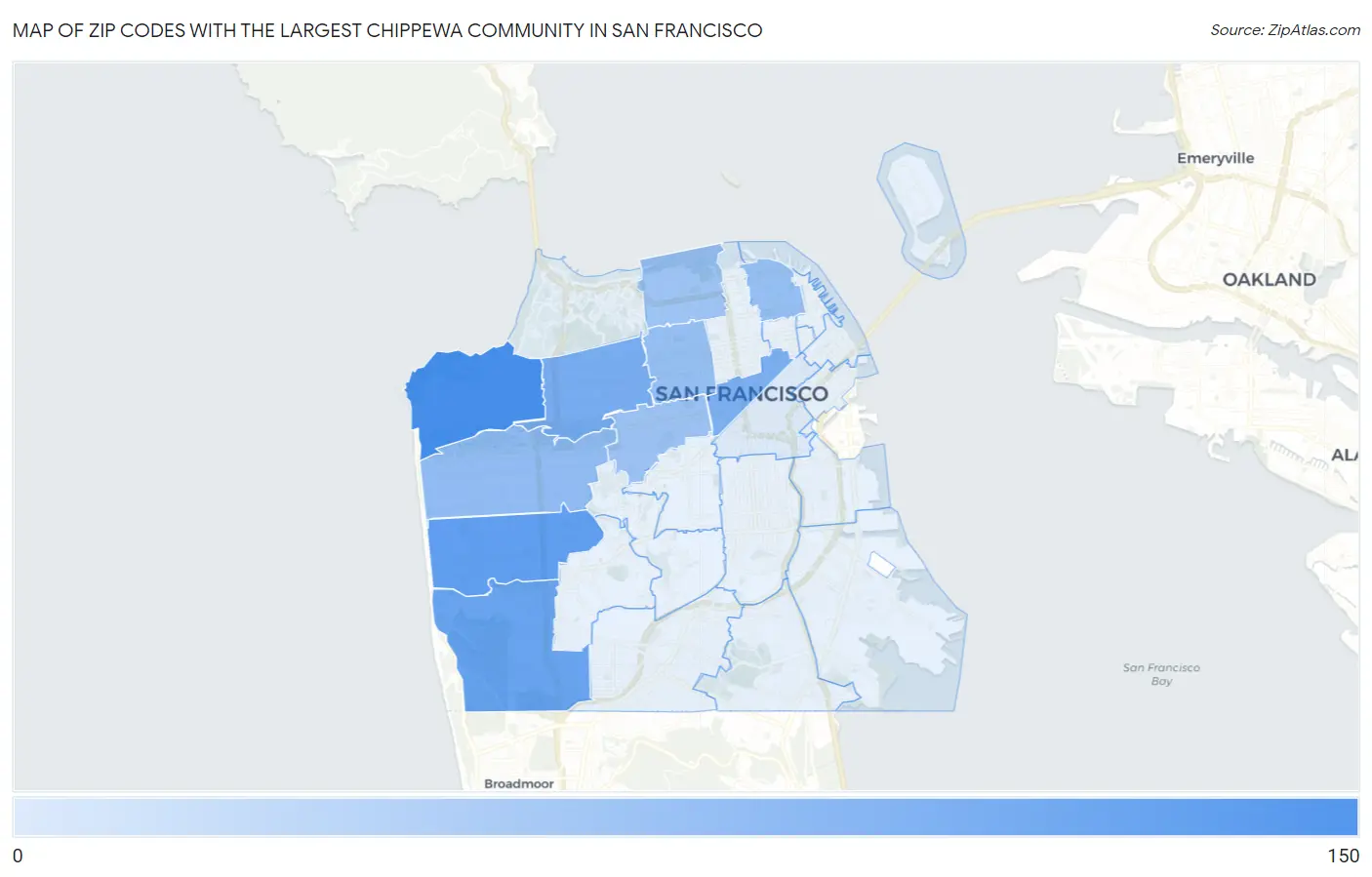 Zip Codes with the Largest Chippewa Community in San Francisco Map