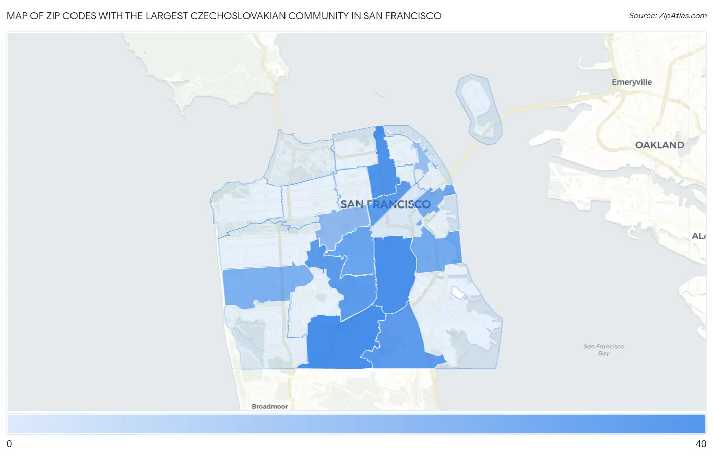 Zip Codes with the Largest Czechoslovakian Community in San Francisco Map