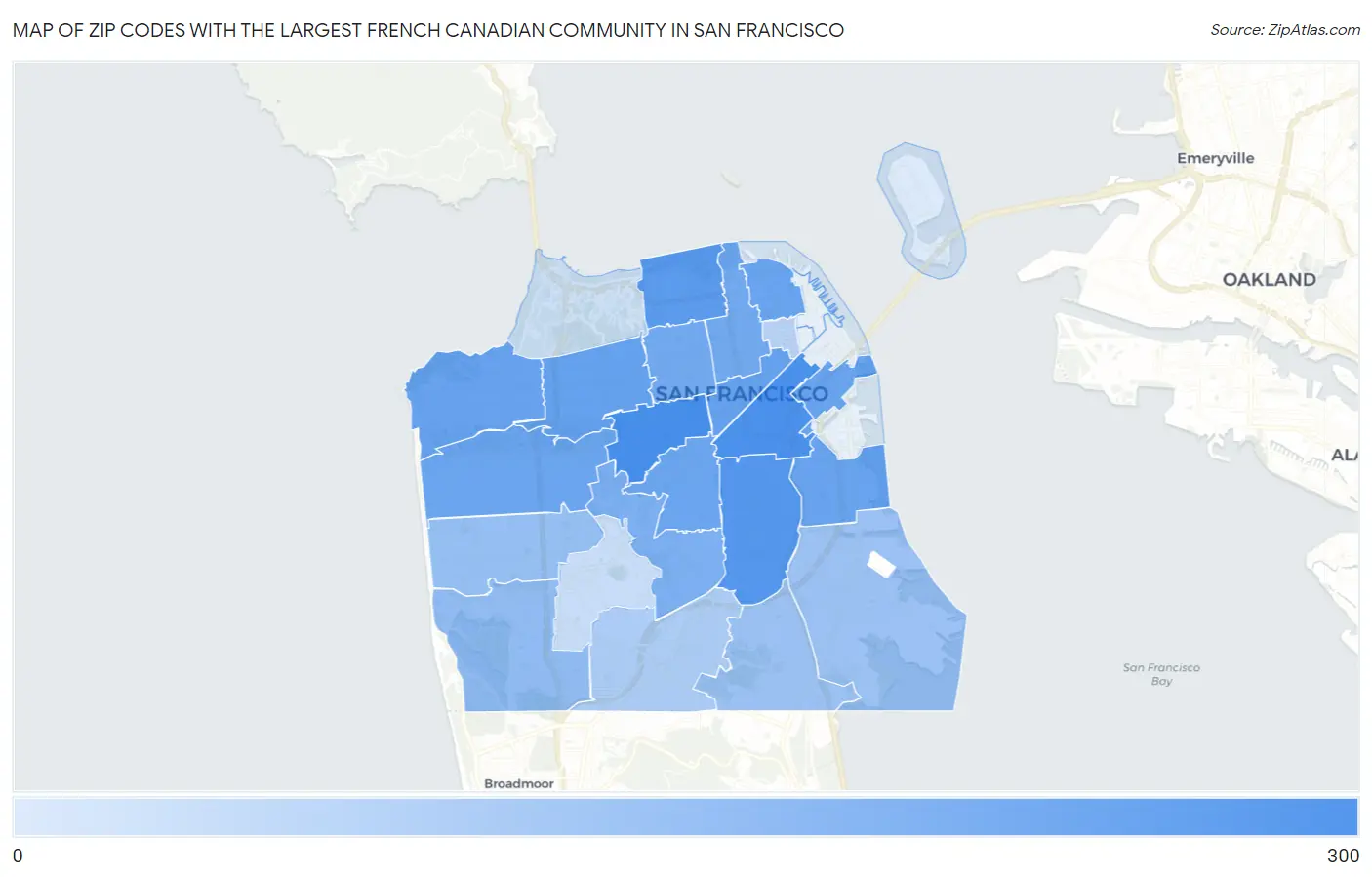 Zip Codes with the Largest French Canadian Community in San Francisco Map