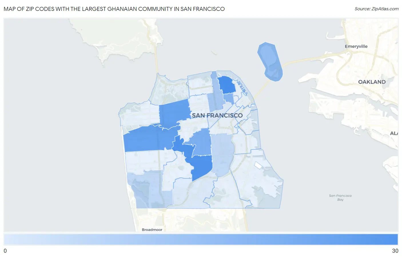 Zip Codes with the Largest Ghanaian Community in San Francisco Map