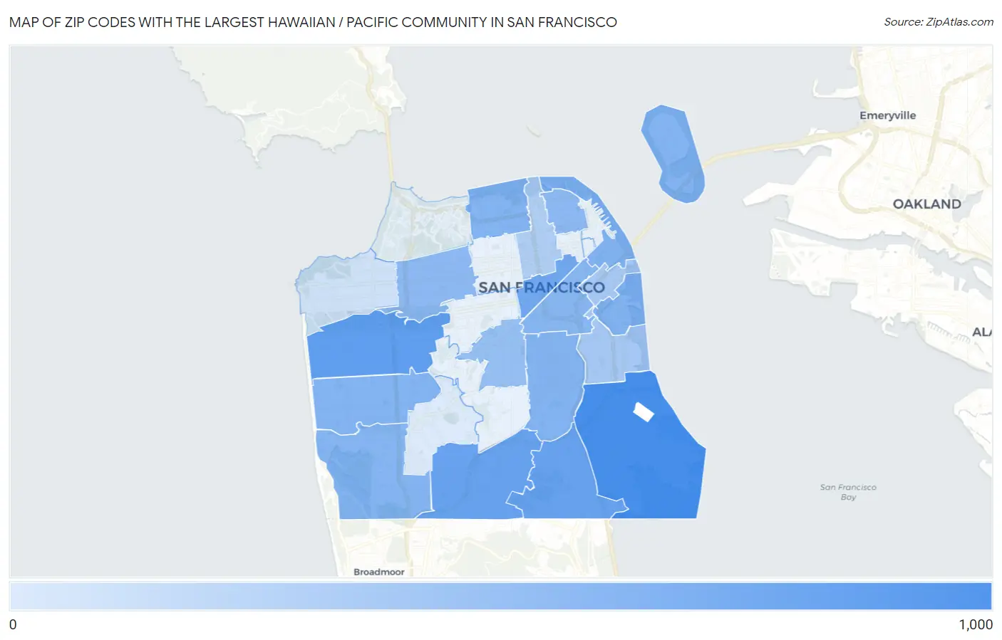 Zip Codes with the Largest Hawaiian / Pacific Community in San Francisco Map