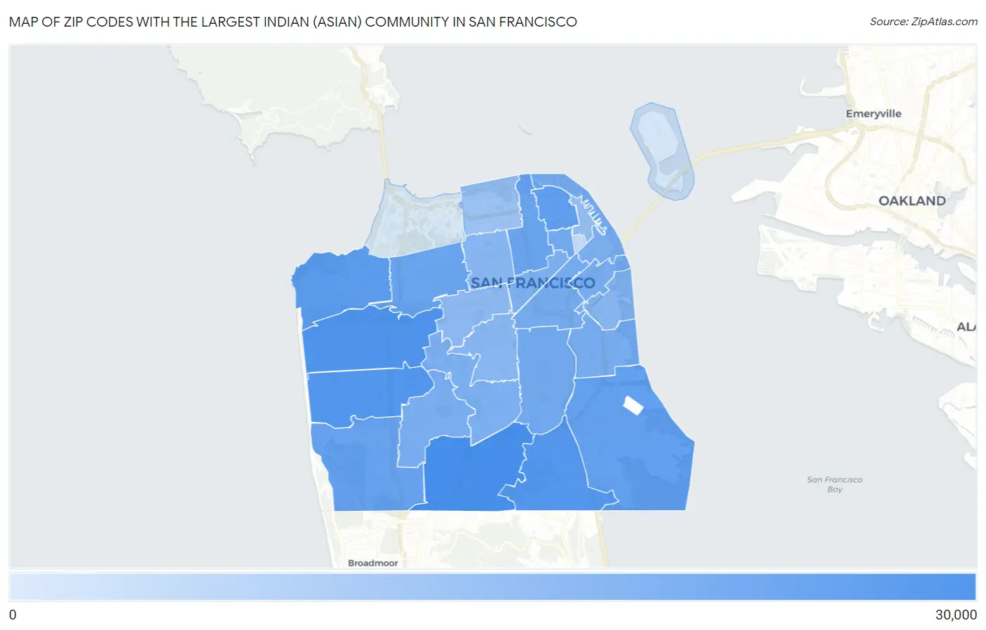 Zip Codes with the Largest Indian (Asian) Community in San Francisco Map