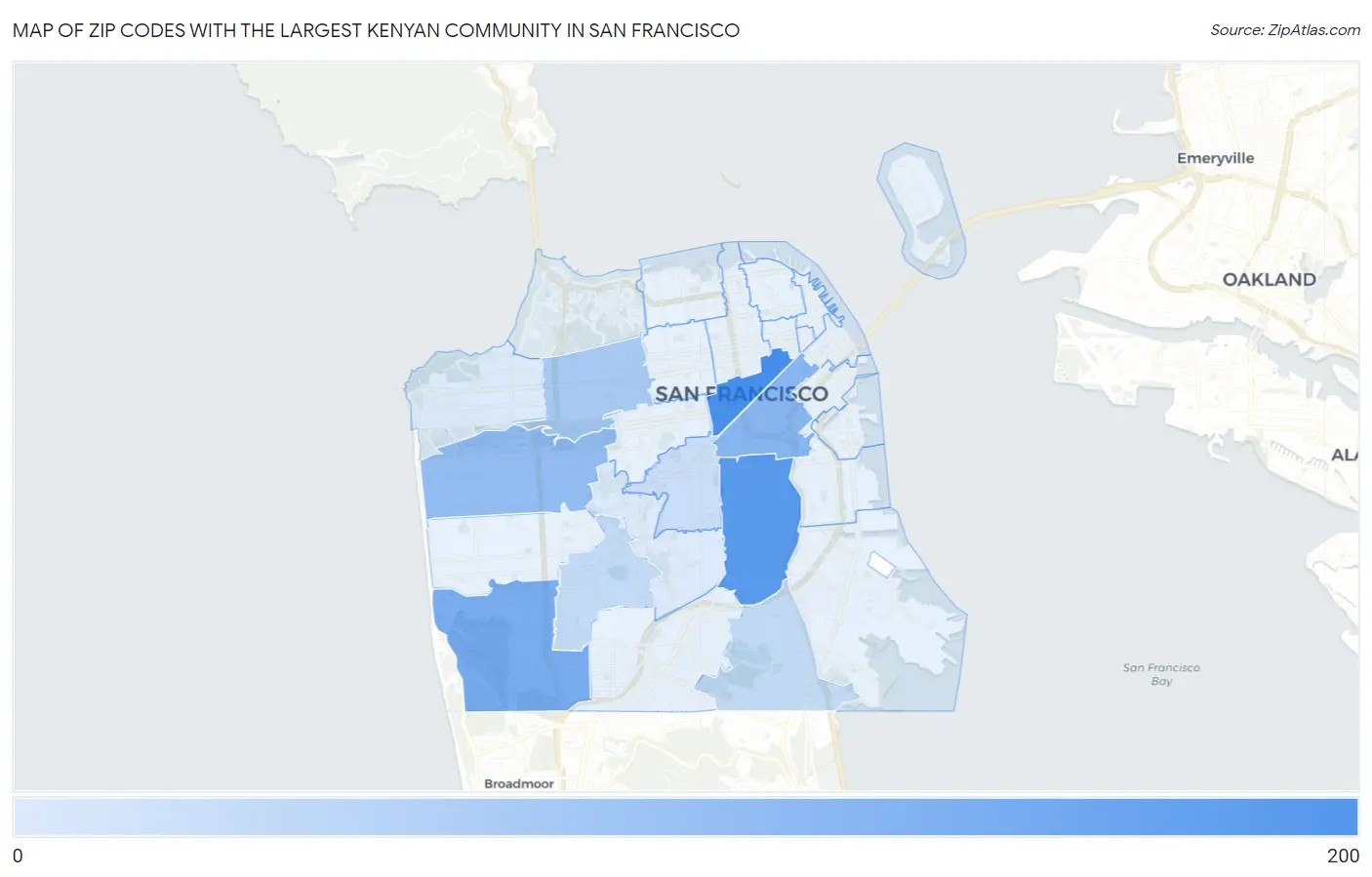 Zip Codes with the Largest Kenyan Community in San Francisco Map