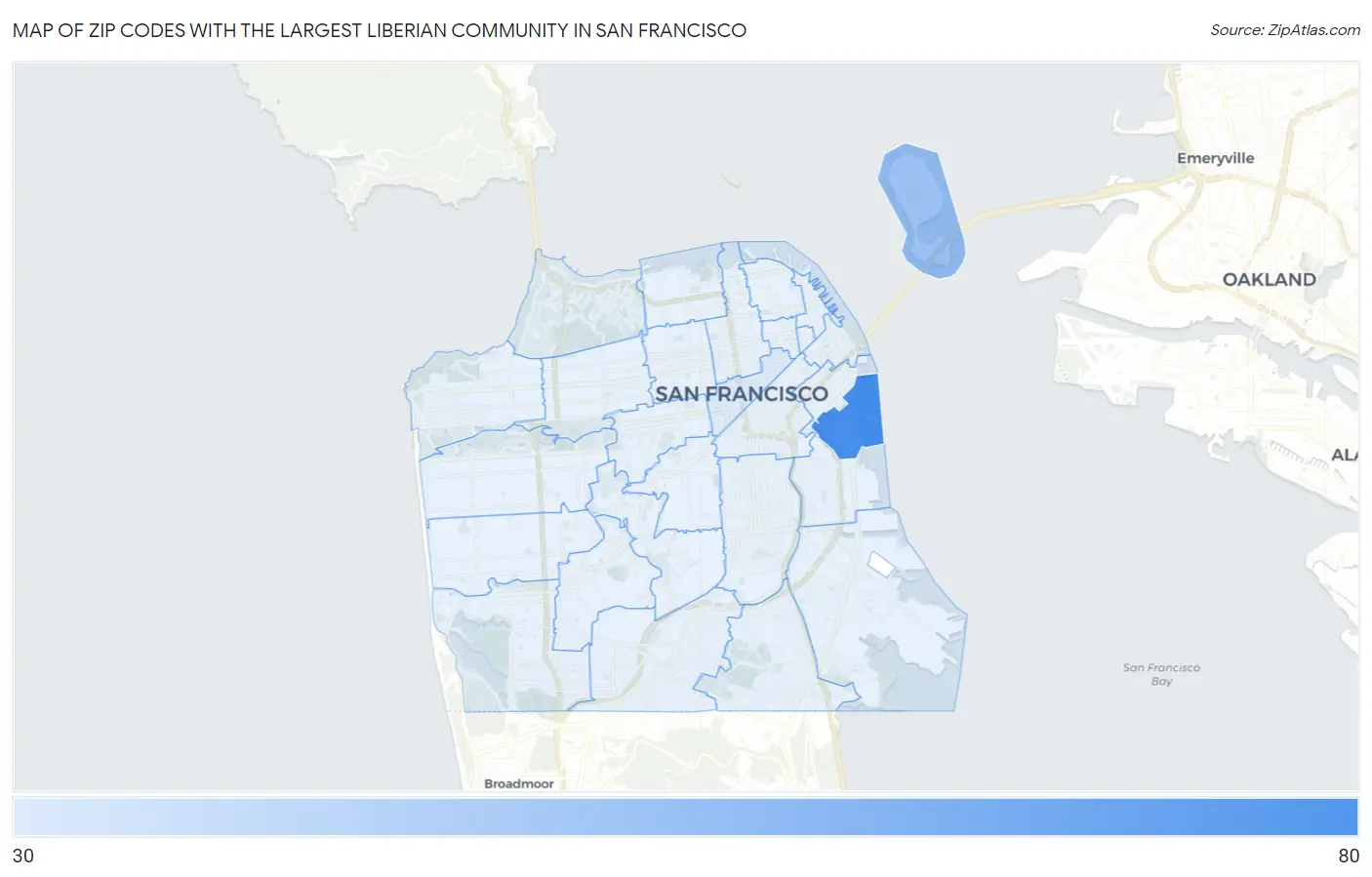 Zip Codes with the Largest Liberian Community in San Francisco Map