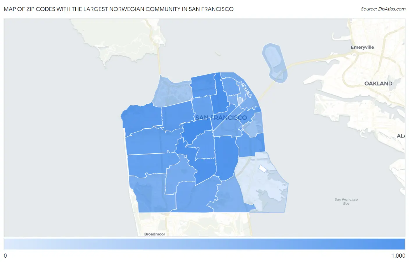 Zip Codes with the Largest Norwegian Community in San Francisco Map