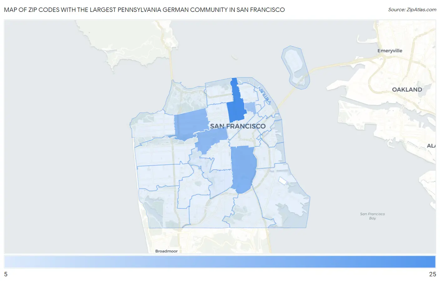 Zip Codes with the Largest Pennsylvania German Community in San Francisco Map