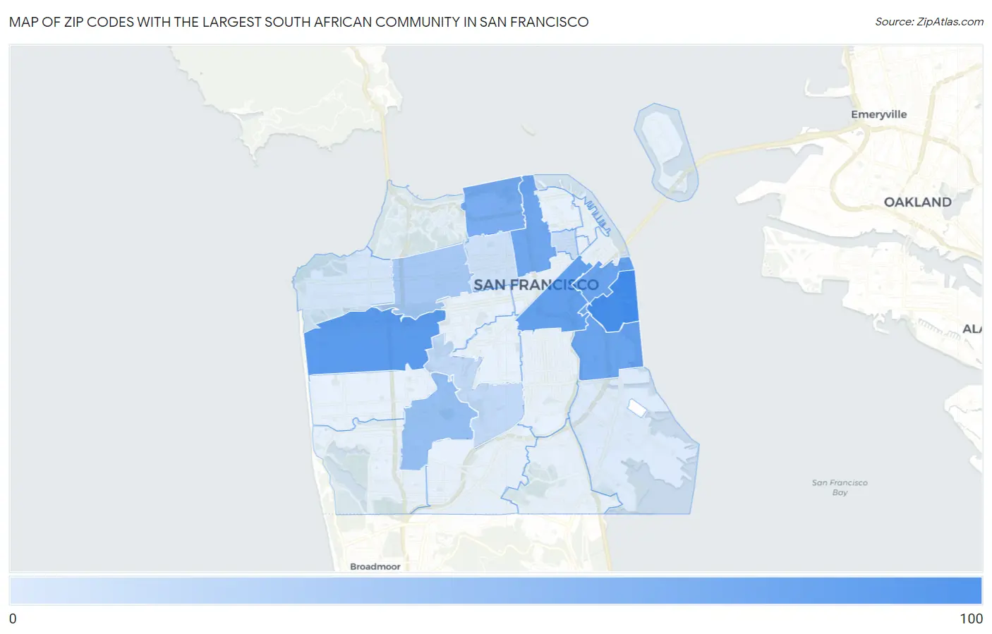 Zip Codes with the Largest South African Community in San Francisco Map