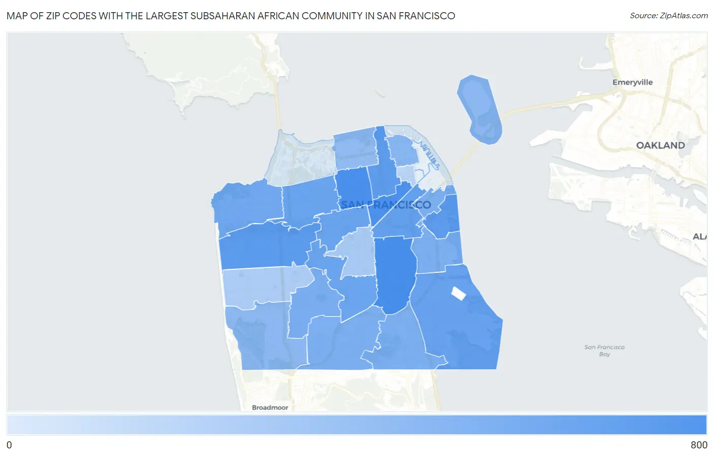 Zip Codes with the Largest Subsaharan African Community in San Francisco Map