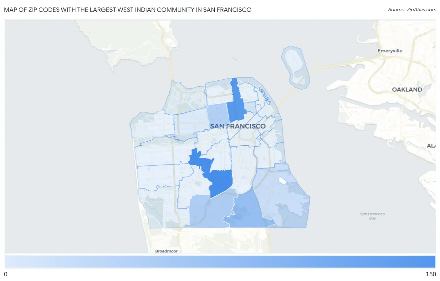 Zip Codes with the Largest West Indian Community in San Francisco Map
