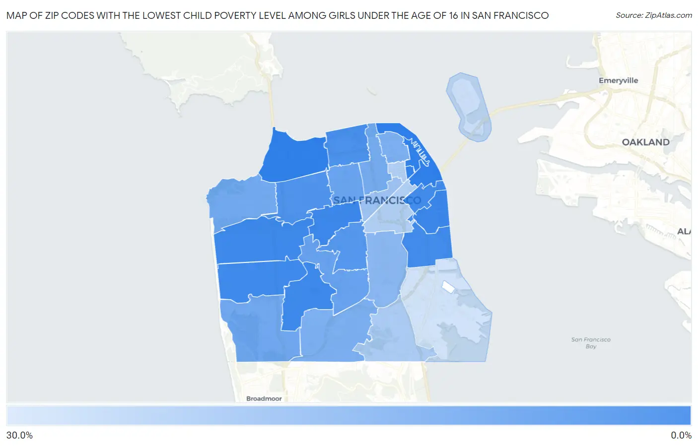 Zip Codes with the Lowest Child Poverty Level Among Girls Under the Age of 16 in San Francisco Map