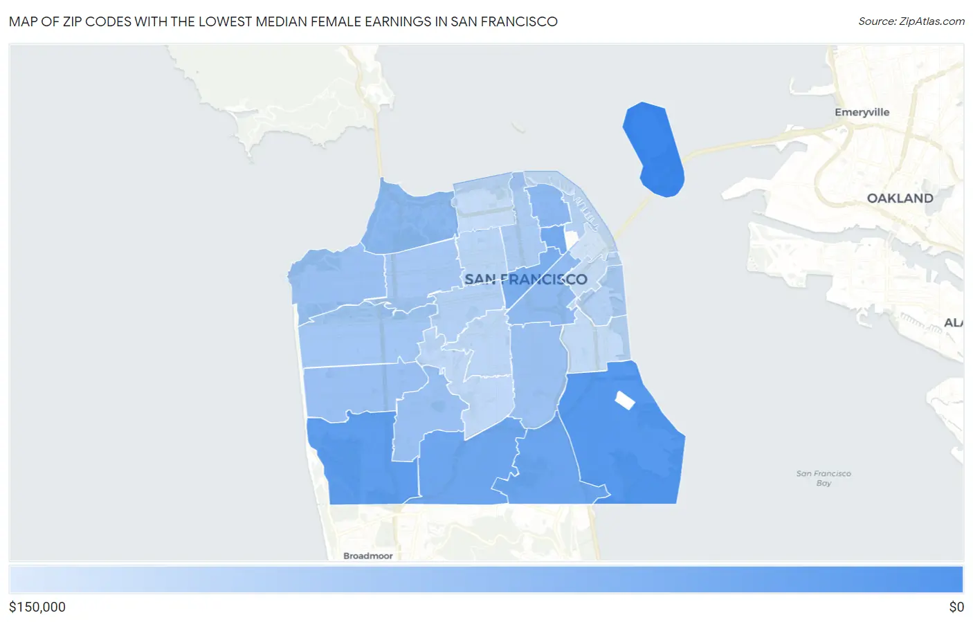 Zip Codes with the Lowest Median Female Earnings in San Francisco Map