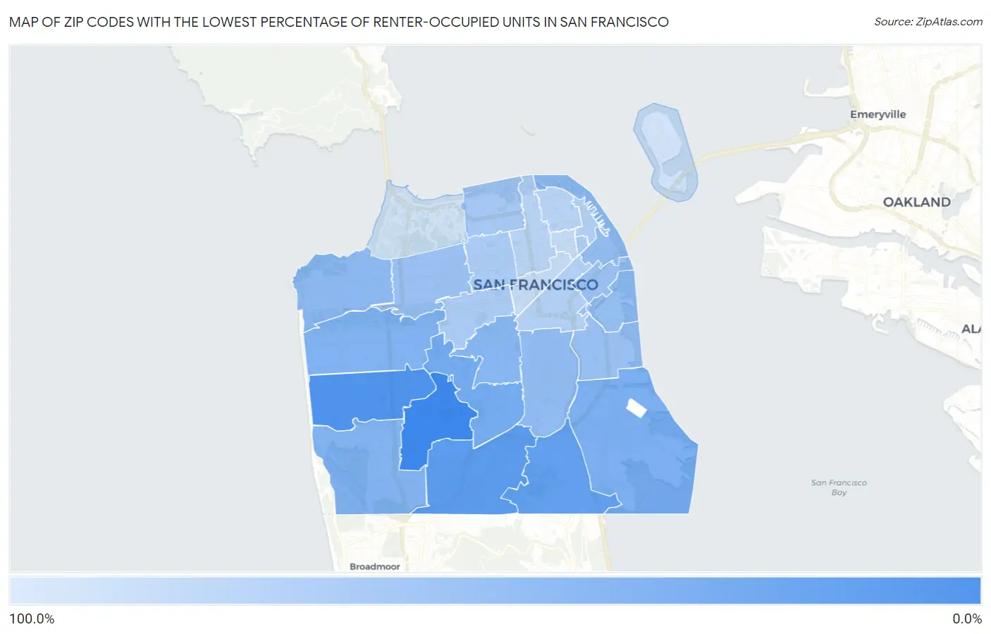 Zip Codes with the Lowest Percentage of Renter-Occupied Units in San Francisco Map