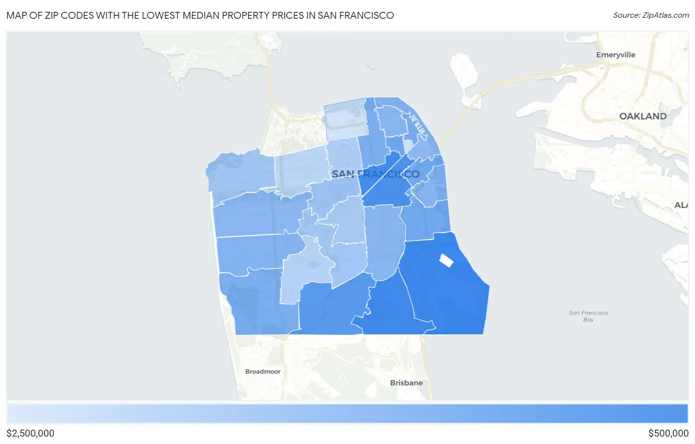 Zip Codes with the Lowest Median Property Prices in San Francisco Map