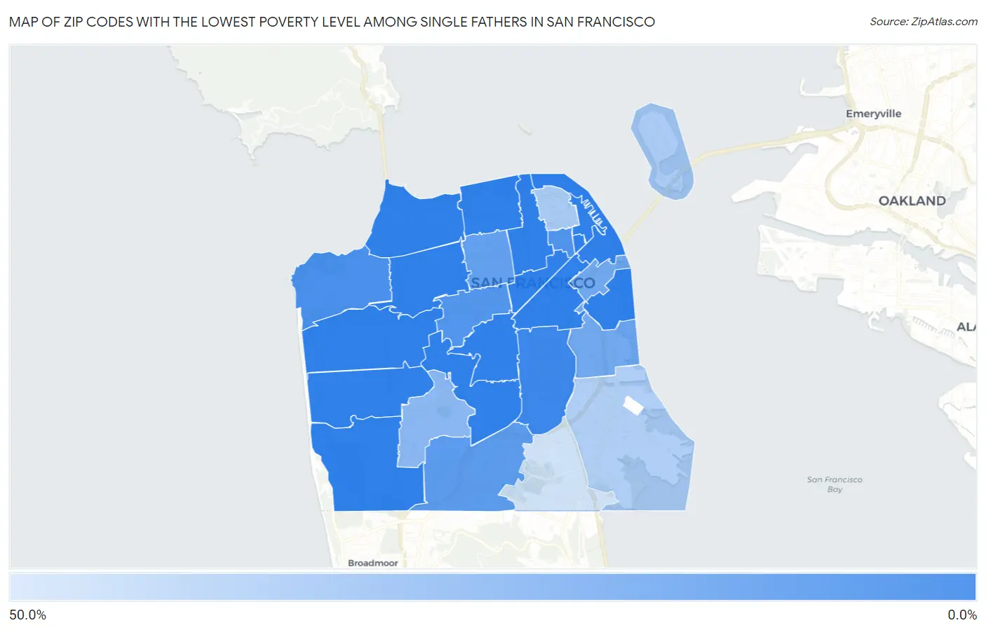 Zip Codes with the Lowest Poverty Level Among Single Fathers in San Francisco Map