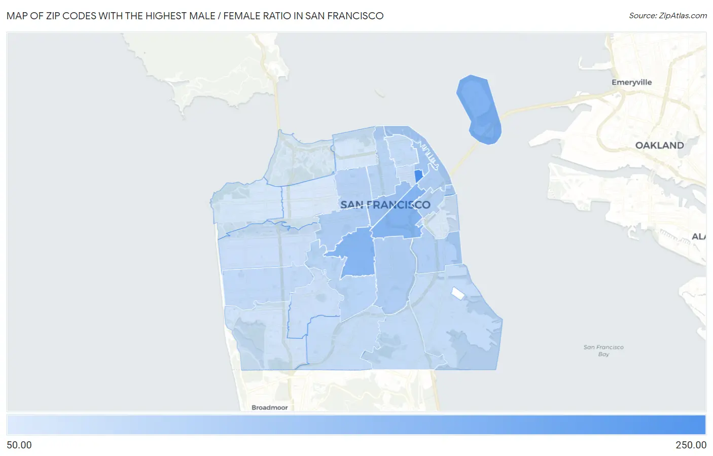 Zip Codes with the Highest Male / Female Ratio in San Francisco Map