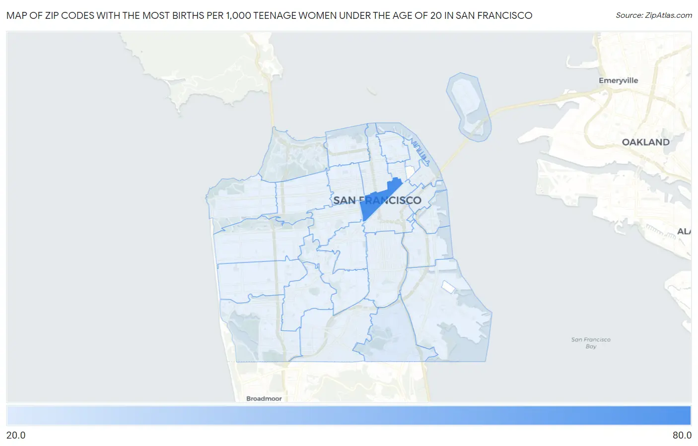 Zip Codes with the Most Births per 1,000 Teenage Women Under the Age of 20 in San Francisco Map