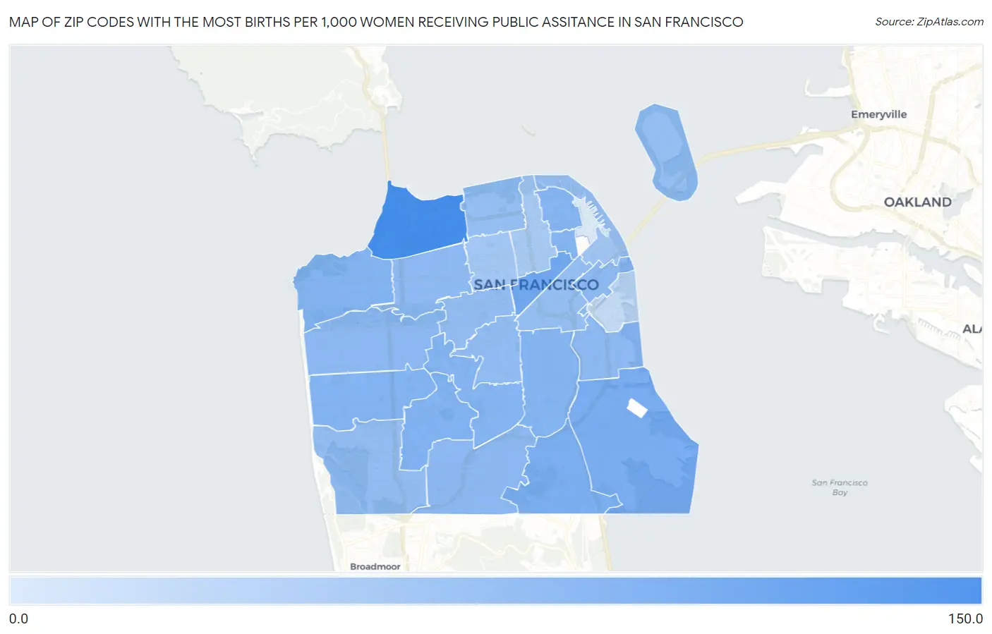 Zip Codes with the Most Births per 1,000 Women Receiving Public Assitance in San Francisco Map
