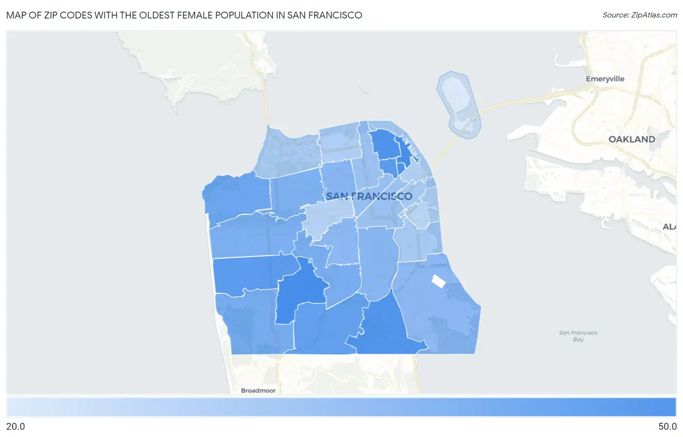 Zip Codes with the Oldest Female Population in San Francisco Map