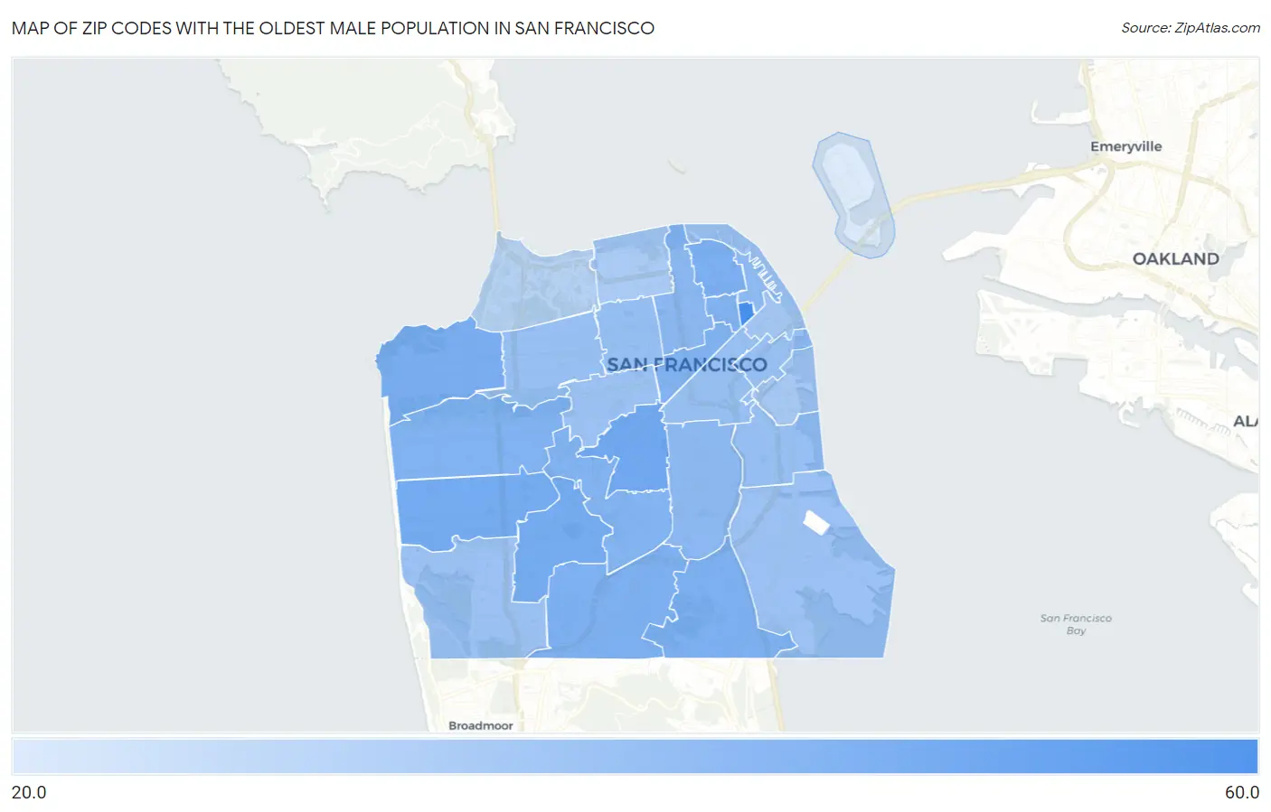 Zip Codes with the Oldest Male Population in San Francisco Map