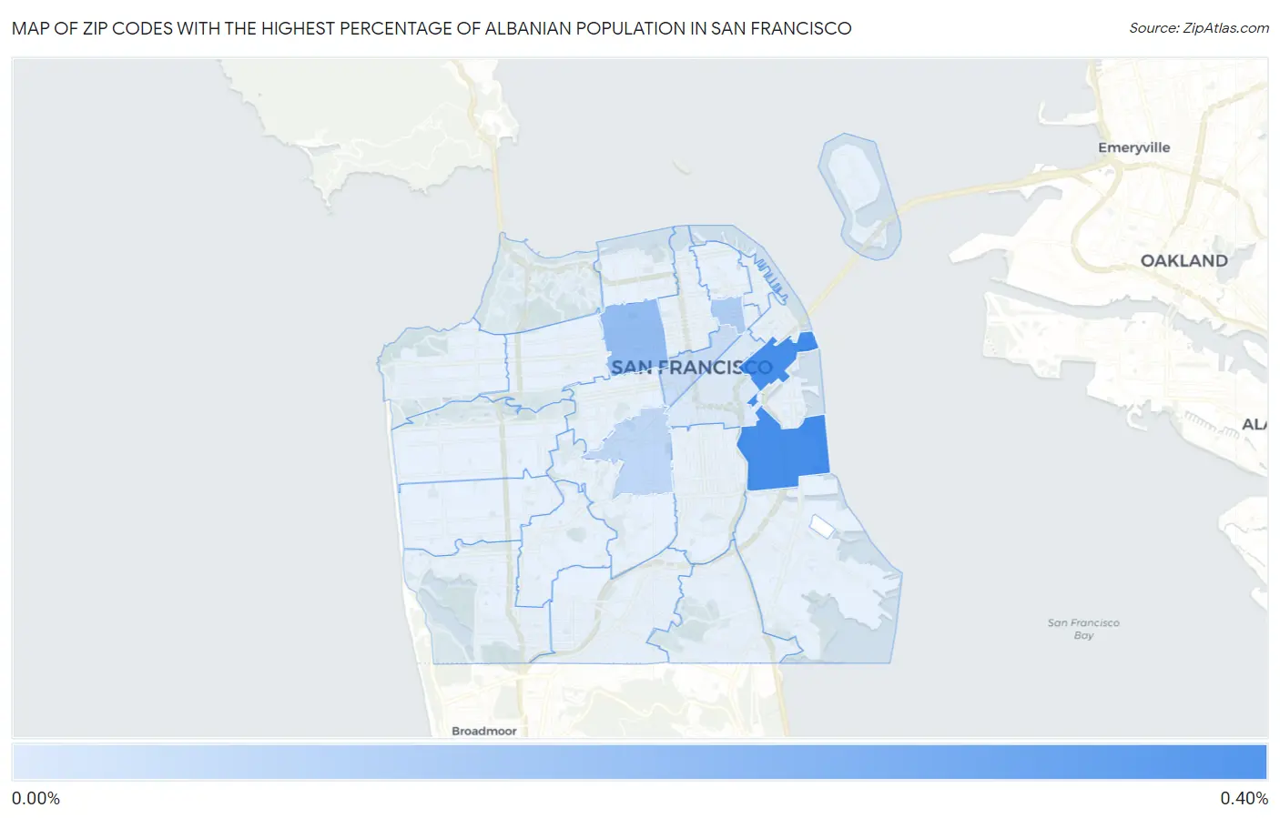Zip Codes with the Highest Percentage of Albanian Population in San Francisco Map
