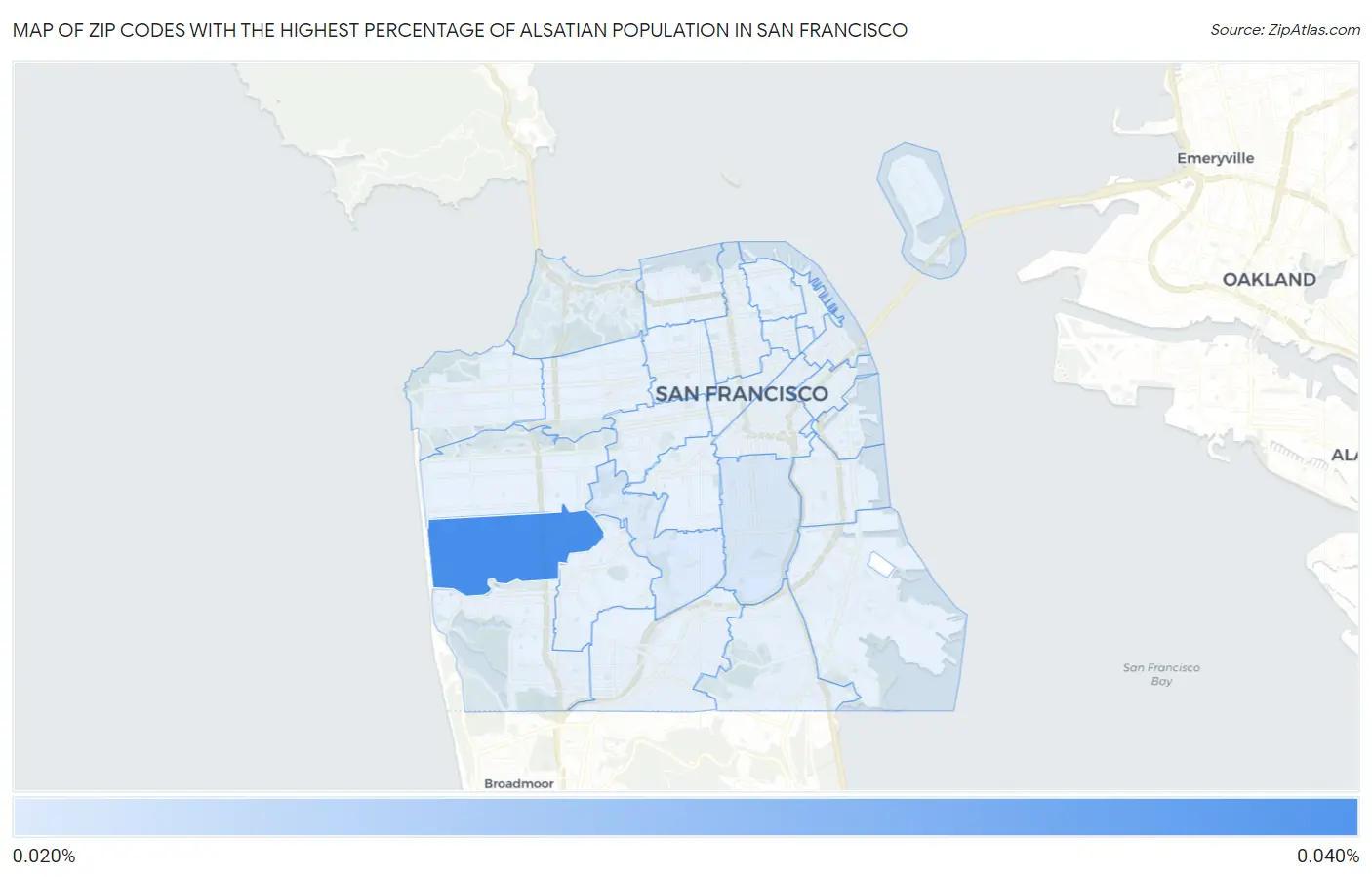 Zip Codes with the Highest Percentage of Alsatian Population in San Francisco Map